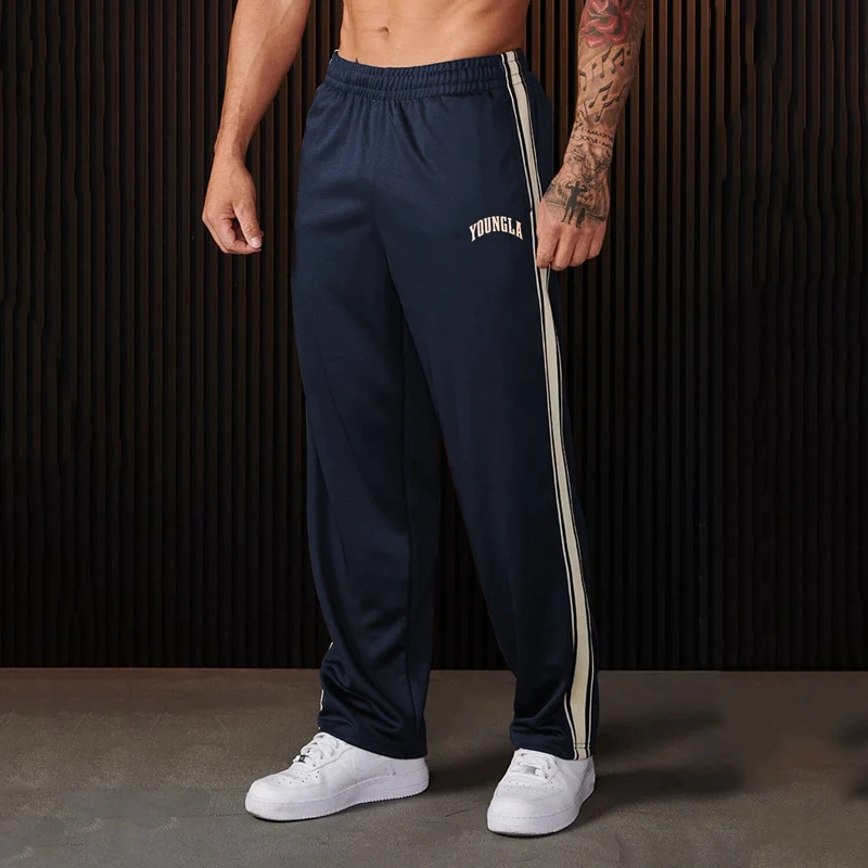 

Joggers American style Youngla Men's Sweatpants Weaving belt splicing printed casual pants Gym Sports Fitness Mid Waist trousers