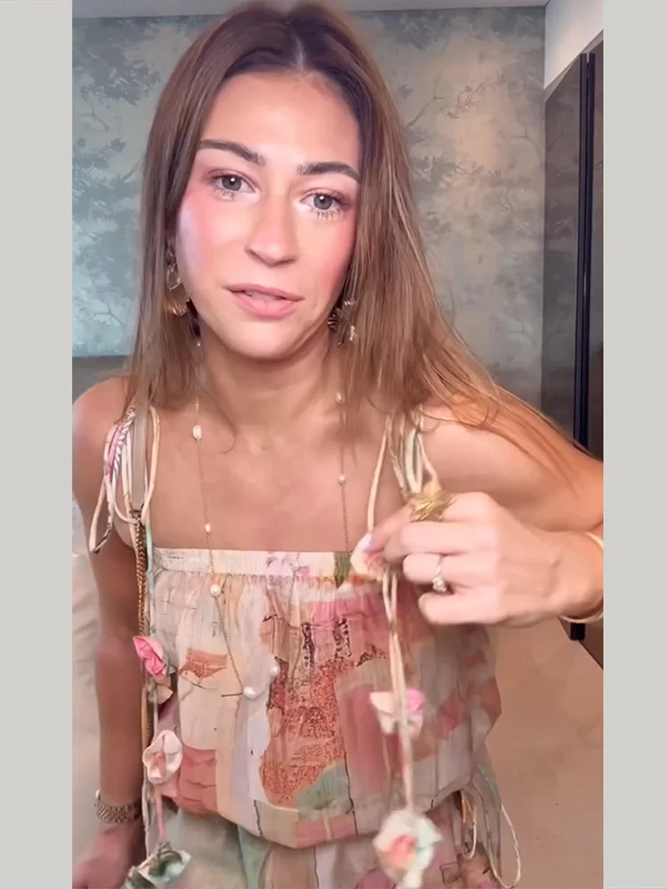 3D-Blumenbedruckte Spitzen-Oberteile mit Schnürung und Hosenanzüge für Damen, sexy ärmellose, rückenfreie, schmale Oberteile, weit geschnittene Hosen, charmante Damen-Outfits, neu – Detail 22