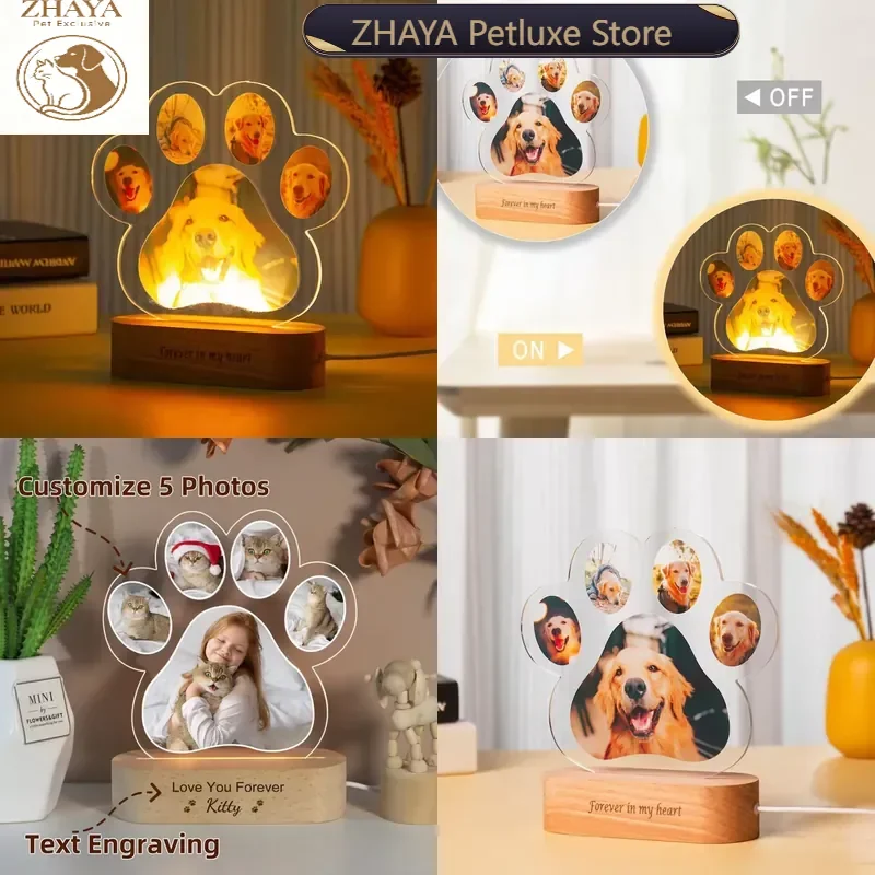Wooden Base LED Night Light Custom Pet Photo Soft Glow First Birthday Memorial Home Decor Gift For Dog Cat ZHAYA