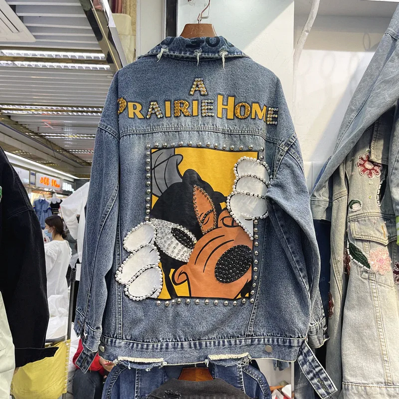 Female New Cartoon Dog Pattern Sequins Denim Jacket for Women Heavy Industry Beads Diamon Washed Loose Jackets Coat Outerwear