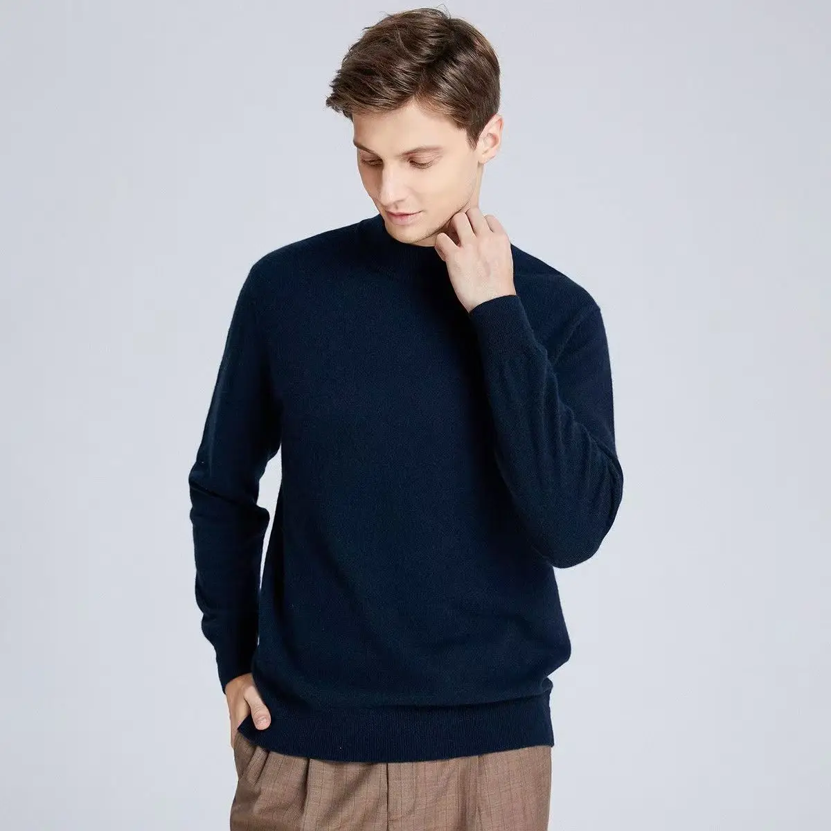 Autumn And Winter New 100% Wool Men's Semi-Turtle Sweater Neck Loose Pullover Knitted Bottoming Shirt Top