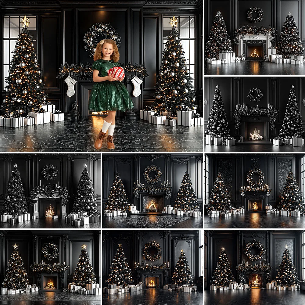 

Christmas Photography Background Black Xmas Tree Fireplace Garland Holiday Decoration Adult Portrait Photo Backrop Studio Props