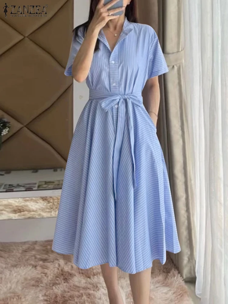 ZANZEA Women Casual Striped Dress Lace-Up Belt Sundress Summer 2025 Short Sleeve A-Line Midi Robe Lapel Neck Pockets Vestidos