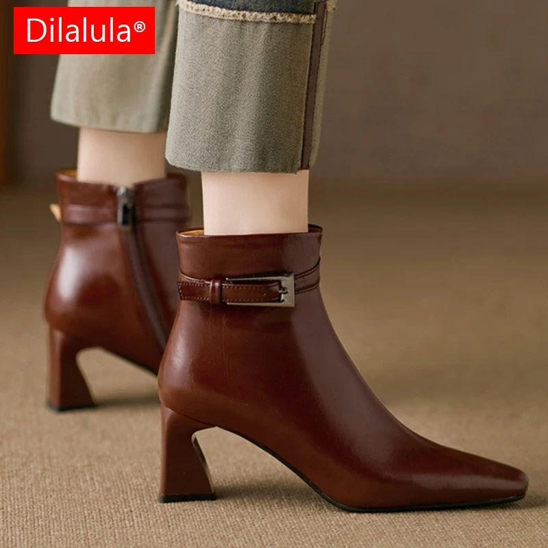 Dilalula 2026 Elegant Natural Leather women's Ankle Boots Square Toe High Heels Belt Buckle Dec Office Lady Boots Autumn Winter