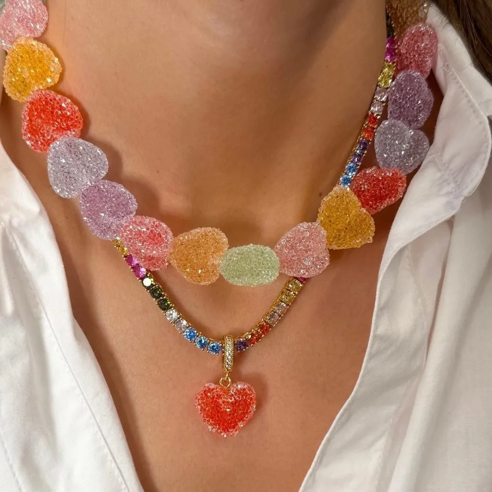 Colorful Jelly Heart Necklaces for Women Sweet Gummy Resin Candy Charms Stack Jewelry Choker Necklace Gifts for Girls New
