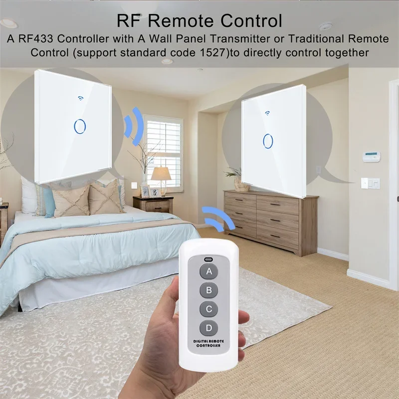 Interruptores WiFi con Panel de vidrio RF433, Interruptor táctil inteligente sin cable neutro, funciona con Tuya, Google Home, Smart Home