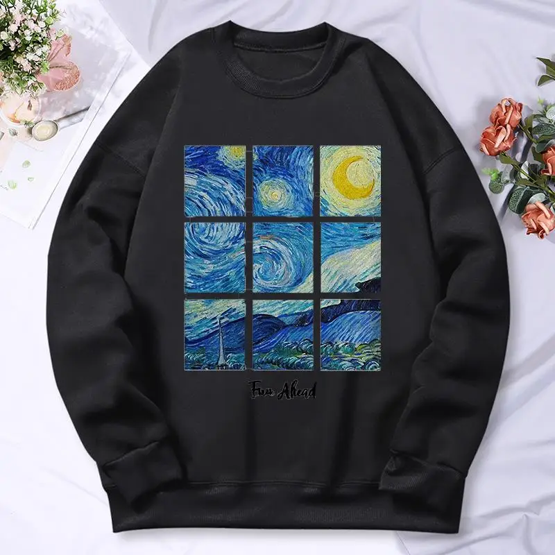 Romantic Starry Sky Painting Print Hoodies Women Autumn Casual Hoodie Hip Hop Oversize Hoody Fleece Warm Comfortable Tops Female