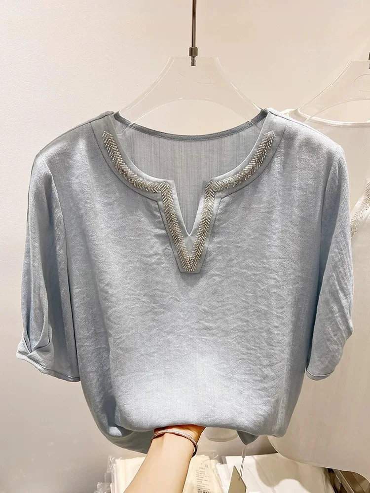 قميص نسائي فضفاض بأكمام قصيرة وياقة على شكل V، تصميم أصلي أنيق لفصل الصيف، مزين بالخرز والألماس، قميص أبيض فضفاض