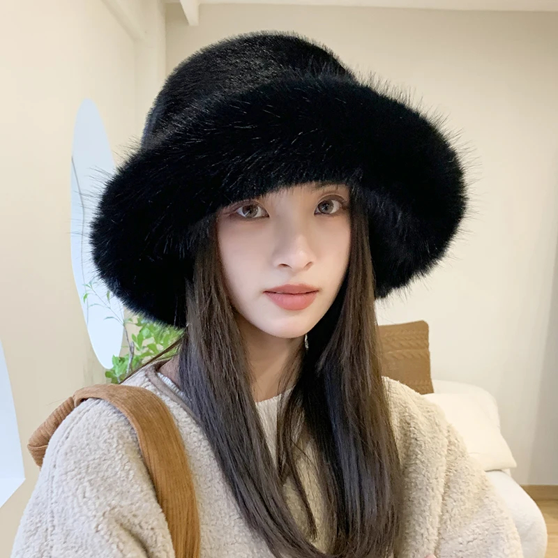 

Winter Big Waist Vintage Plush Bucket Hat Children's Thickened Faux Fur Warm Versatile Japanese Ear Protection Basin Hats