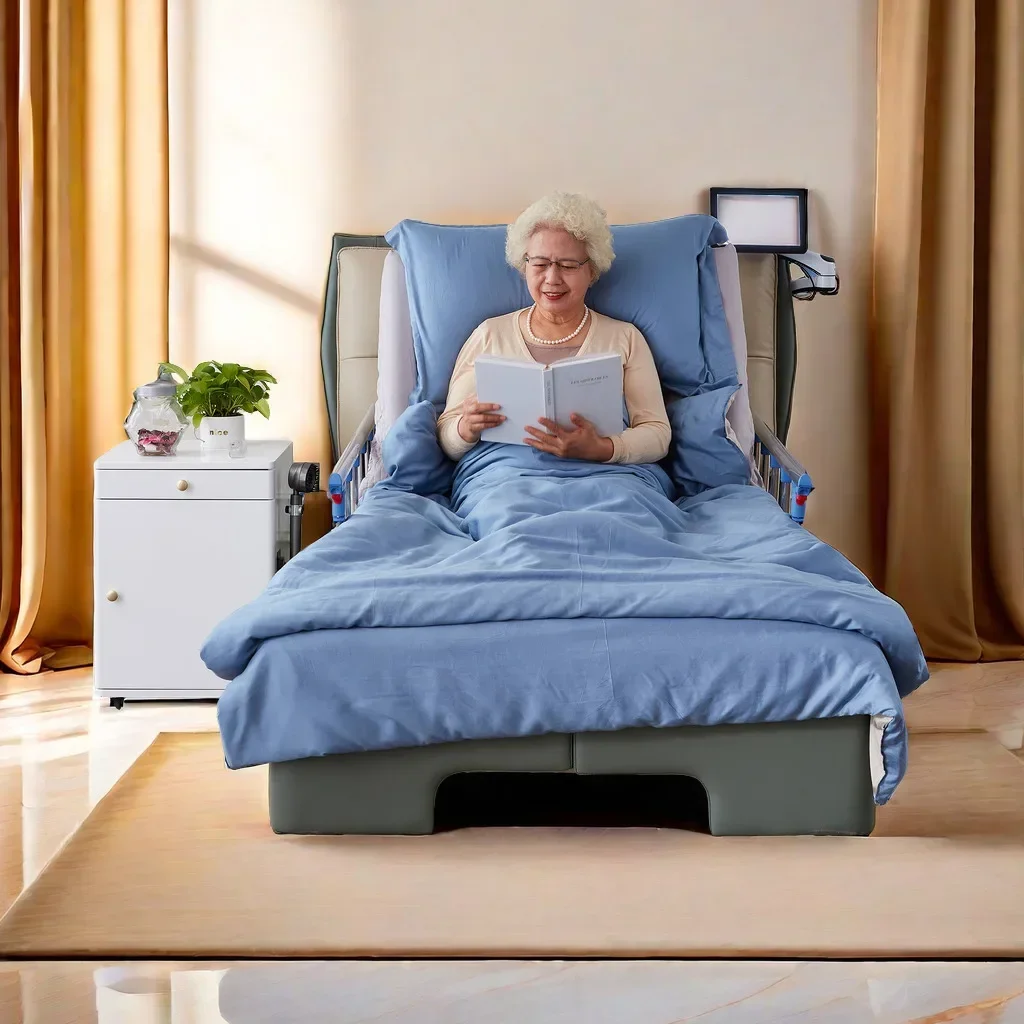 Intelligent home nursing bed with adjustable backrest lifting and lowering for old people comfort care use