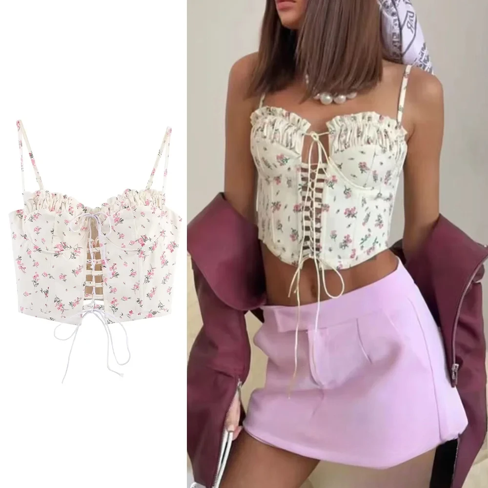 

KONDALA Hotsweet Корсетный топ на шнуровке, женский топ с цветочным принтом и рюшами, топ с лямкой на шее, модные летние осенние праздничные женские топы для пляжной вечеринки 2023 г.