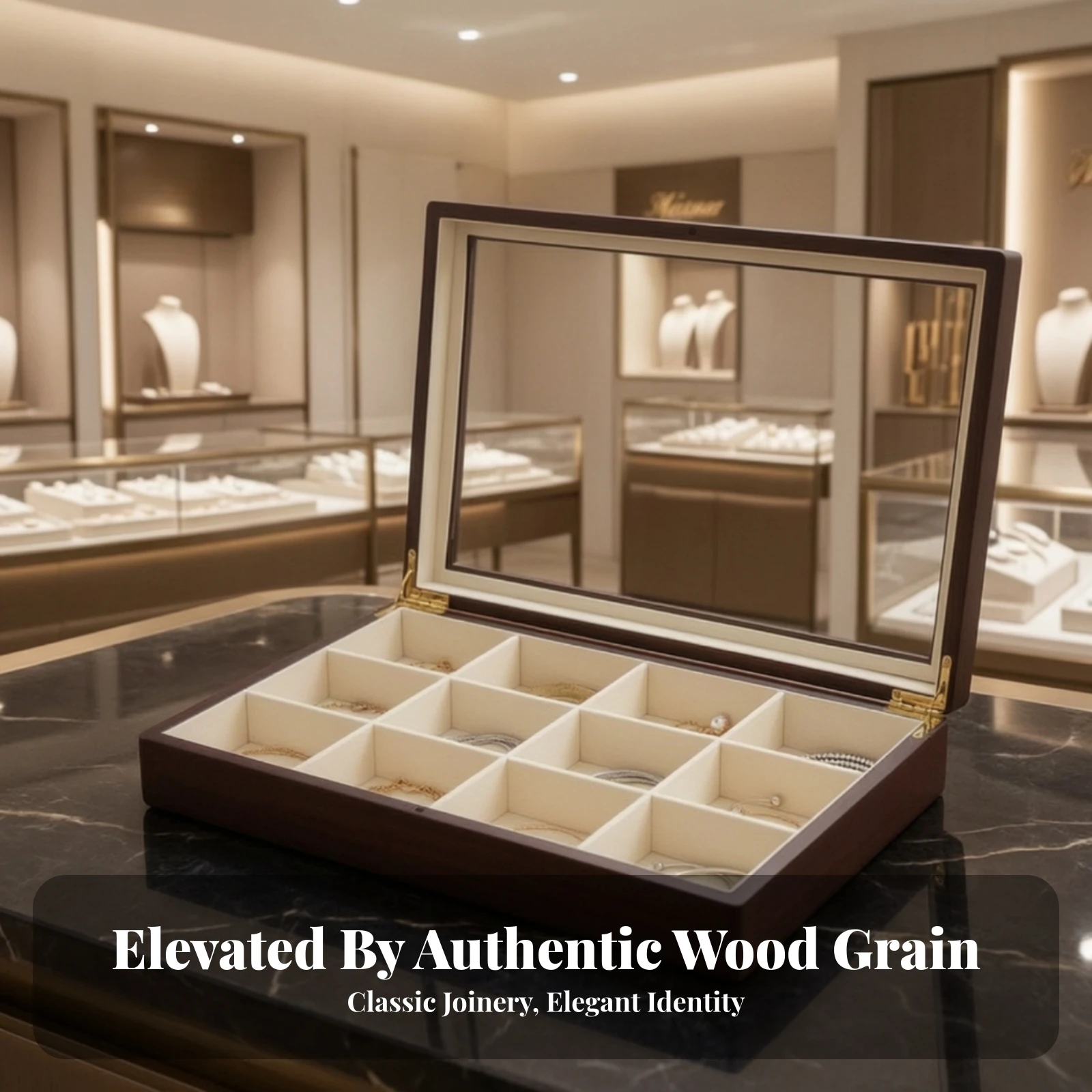 12-Compartment Jewelry Tray Scratch-Resistant Jewelry Display Case with Glass Lid Compact Elegant for Dresser, Vanity