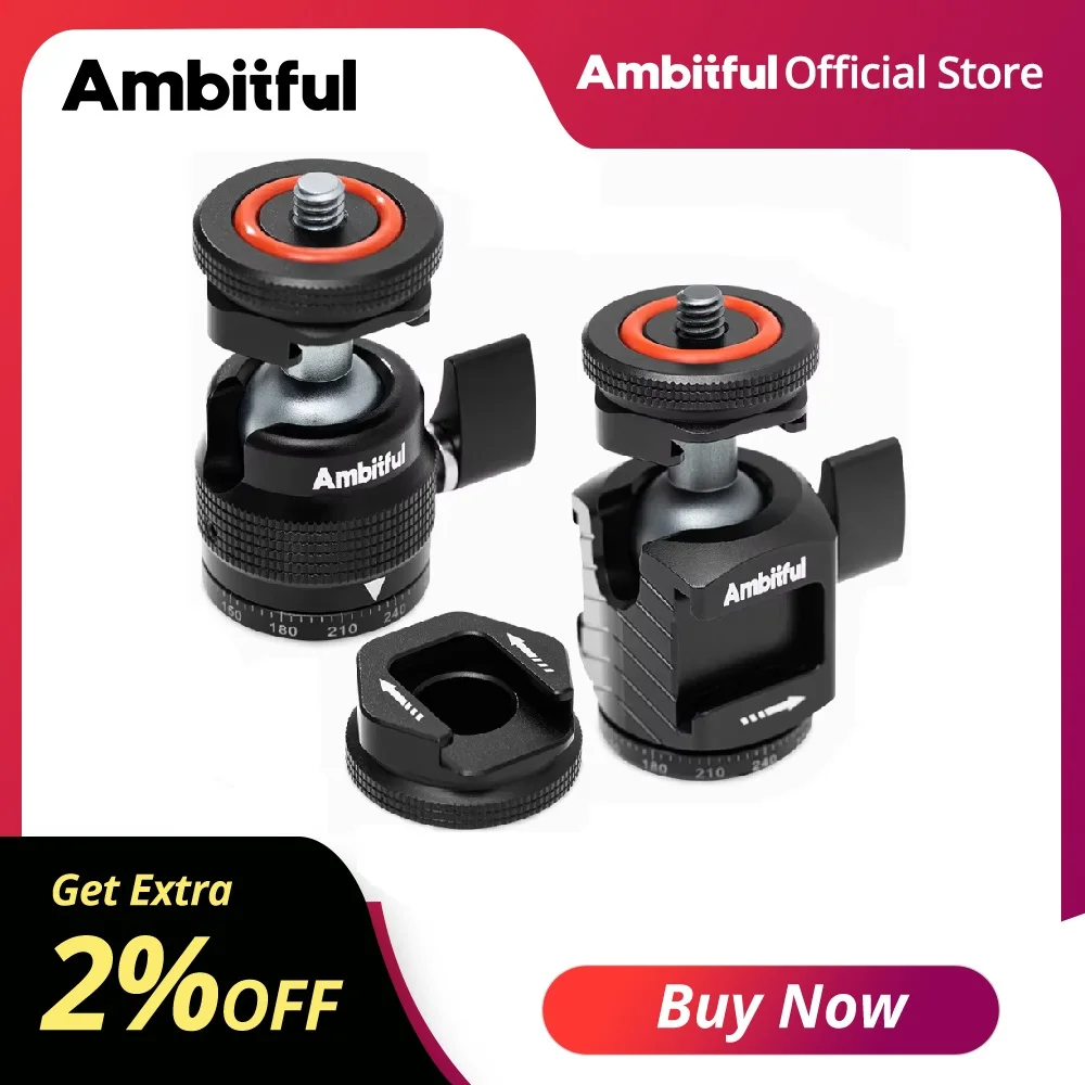 Tête de trépied en alliage d'aluminium Ambitful GT-01/GT-02 avec interface à vis 1/4 et interface griffe porte-accessoire pour éclairage LED/appareil photo/caméra