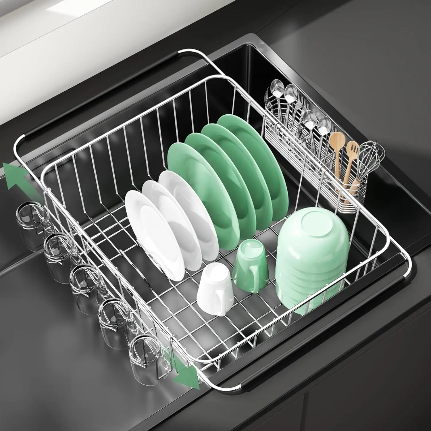 

Extendable Stainless Steel Dish Drainers For Kitchen Counter, Anti-Rust Dish Dryer Rack With Utensil &