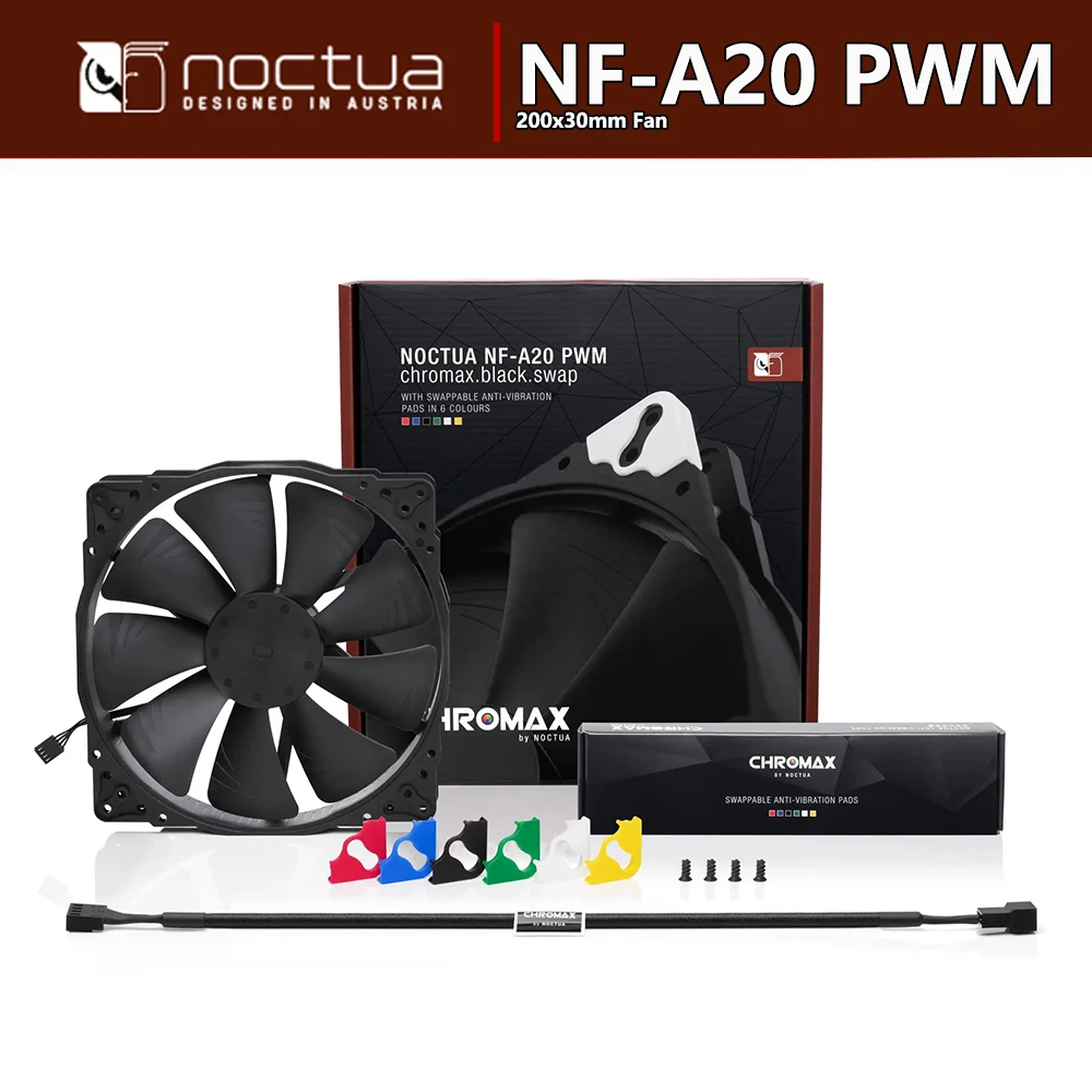 Noctua NF-A20 PWM 4Pin 12V أداء تبريد هادئ 200x200x30mm مروحة SSO2 تحمل Chromax.Black.Swap-Edition حجم 20 سم مروحة