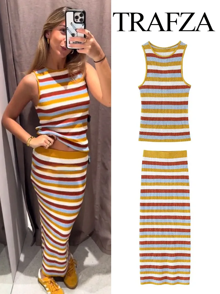 

TRAFZA Women 2 Piece Set Stripe O-Neck Sleeveless Vest Elasticity Pullover Knitted Top+Casual Chic High Waist Slim Long Skirt