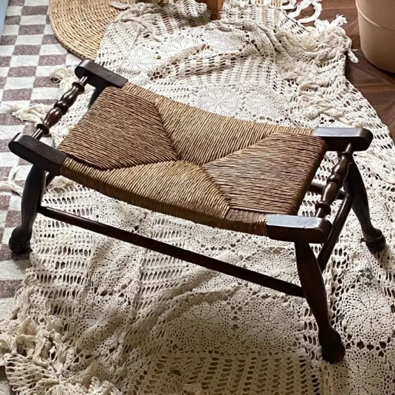 Medieval rattan small square stool shoe changestool entrance solid wood lowstool bedroom bedside stoolstorage bench simple wi