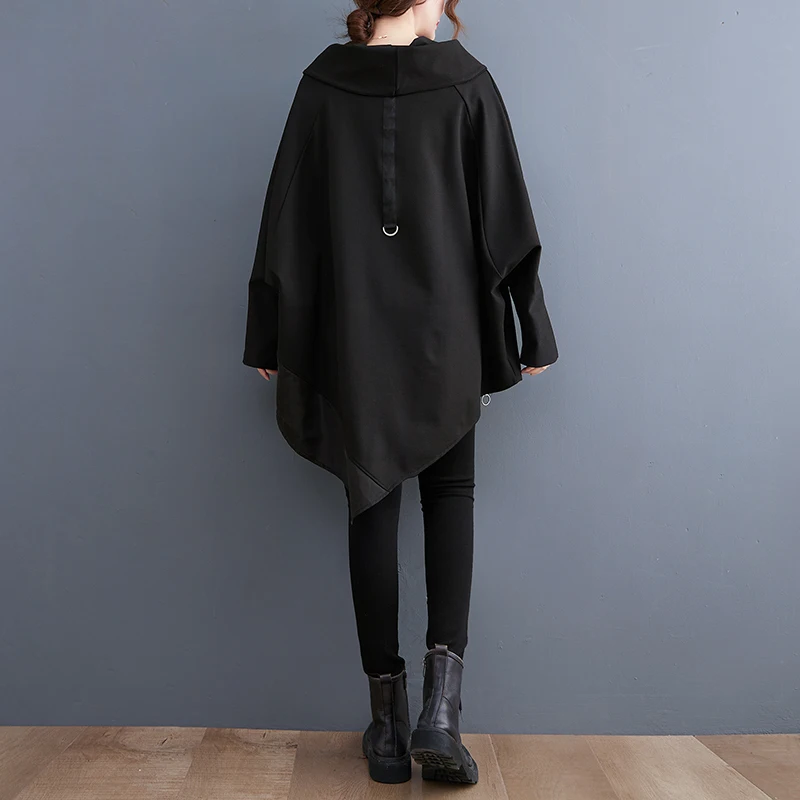 #3704 Autumn Winter Black Asymmetrical Hoodies Sweatshirt Tops Pullovers Loose Batwing Sleeve Long Sweatshirt Zipper Pile Collar