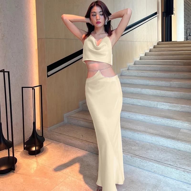 

2024 Summer Backless Tank Top Slim Skirt Suits Chain High Waist Sexy 2 Piece Sets Womens Outfits Casual Traf Crop Top Skirt Sets