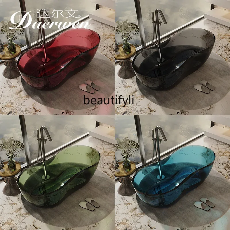 A56 Transparent resin color crystal bathtub 8-shaped oval artificial stone freestanding integrated molding bathtub