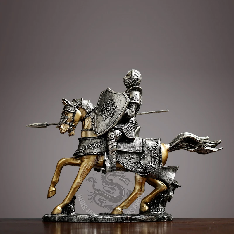 European Medieval Knight On Horse Resin Sculpture Cool Retro Home Decoration Office Desktop Accessorie Armor Knight Statue Model