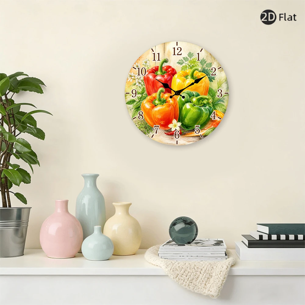 Colorful Bell Peppers 2D Flat Wall Clock 10 Inch Silent Non-Ticking Vibrant Vegetable Print Room Decor for Kitchen