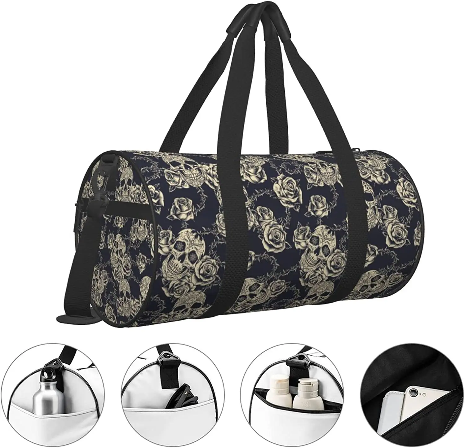 Vintage Tattoos Skull Rose Sports Gym Duffel Bag for Men Women Weekender Travel Workout Training Handbag Water Resistant