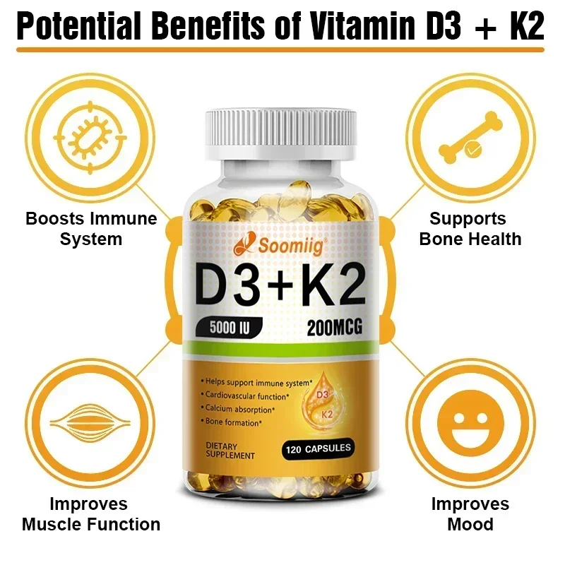 Vitamin D3 5000IU and 200 Mcg Vitamin K2 (MK-7) Capsules for Calcium Absorption, Bone Regeneration, Immune Support, Easy To Melt