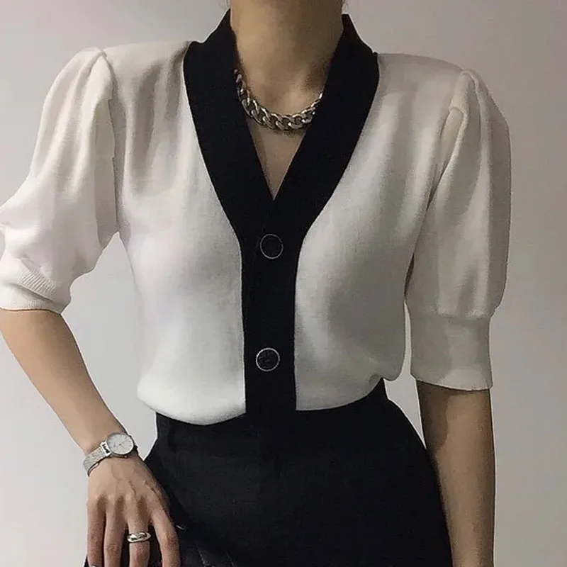

Summer Fashion V-Neck Knitted Sweater Women Cardigans Short Sleeve Spliced Knit Sweater Cardigan Women Tops Women Clothing Q3558
