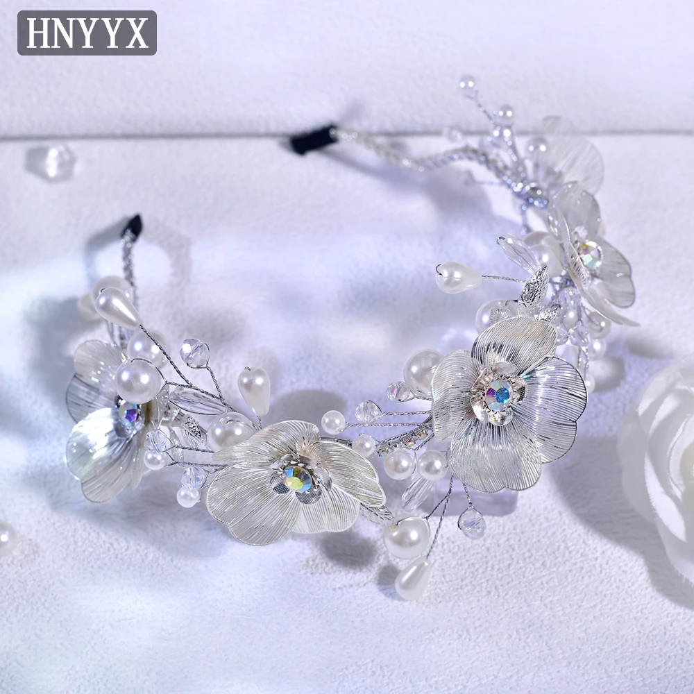 

HNYYX Bridal Wedding Pearl Crystal Headband Alloy Flower Hairband Luxury Rhinestone Hair Accessories Party Banquet Headwear A311