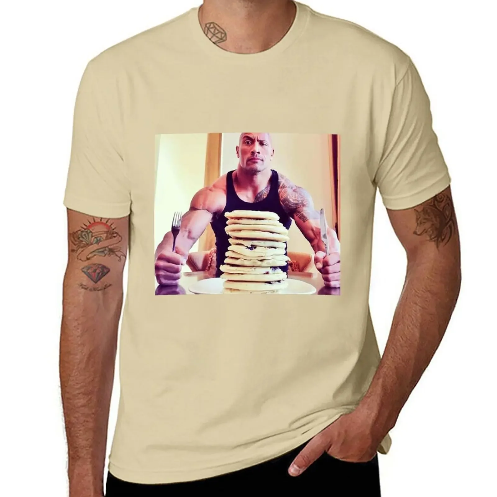 Dwayne The Rock Johnson Eating Blueberry Pancakes T-Shirt custom sublime kawaii clothes mens graphic t-shirts new in tops tees