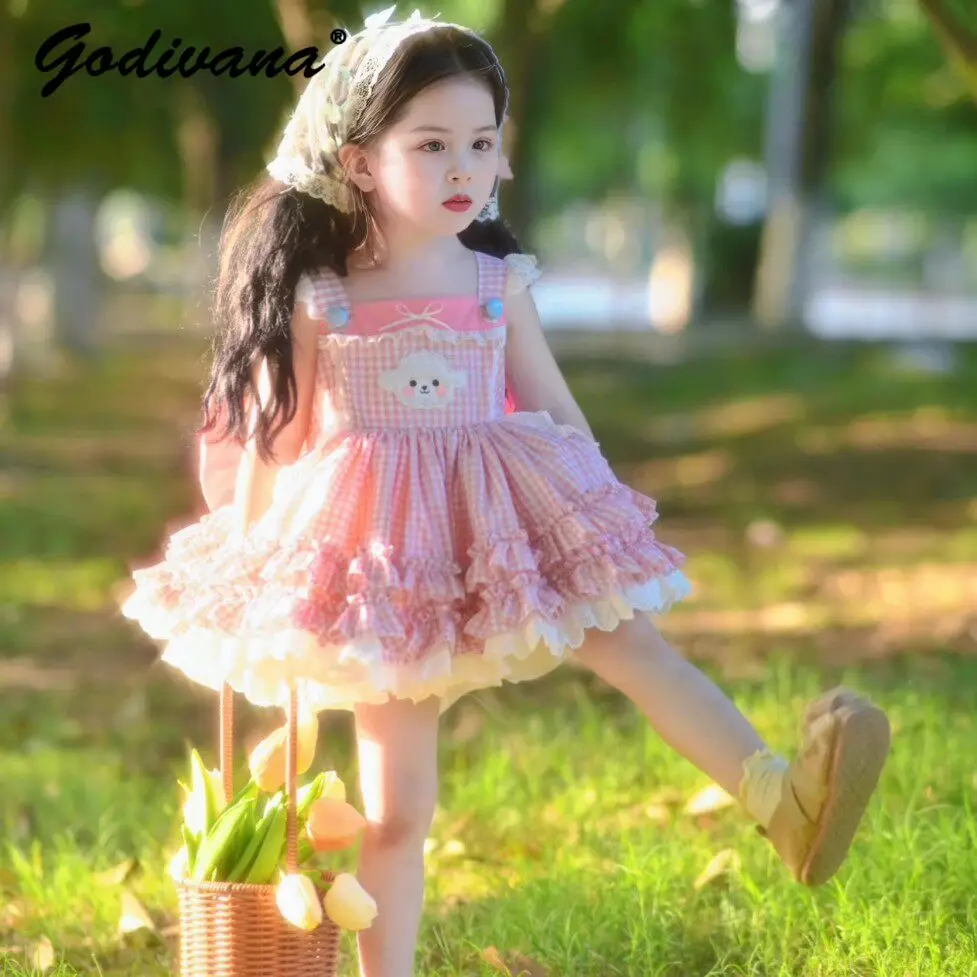 

Baby Girls Summer New Sweet Princess Lolita Tutu Dress Kids Red Plaid Lace Ruffle Trim Bow Sleeveless Birthday Party Slip Dress