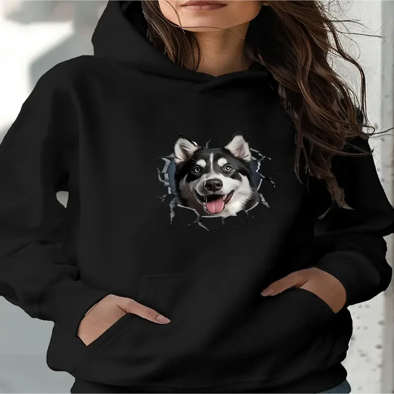 

Женский повседневный пуловер с капюшоном, толстовка с рисунком собаки в отверстии, однотонный, с длинным рукавом, удобная осенне-зимняя одежда