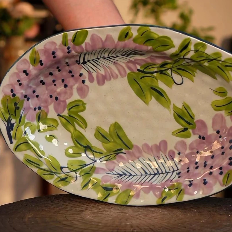 Wood-fired Quality High Temperature Underglaze Color Master Hand-painted Hand Hammer Process Wisteria Big Fish Plate Long Dish