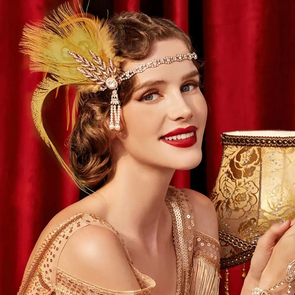 العصرية خمر ريشة عقال أنيقة الماس حفلة تنكرية رباط شعر ماكياج حفلة 1920s تأثيري فستان أغطية الرأس غطاء الرأس الزفاف