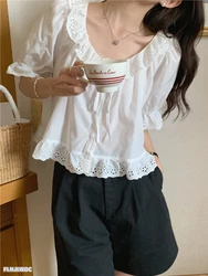 2022 Summer Cute Retro Vintage Ruffles White Lace-Up Bow Tie FLHJLWOC Sweet Japan Girls Preppy Style Women Peter Pan Collar Tops