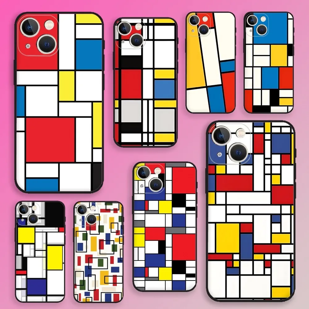 pattern Bauhaus Style Abstract Piet Mondrian Phone Case For iPhone 15,14,13,12,11,Plus,Pro Max,XS,X,XR,SE,Mini,8, Silicone Black