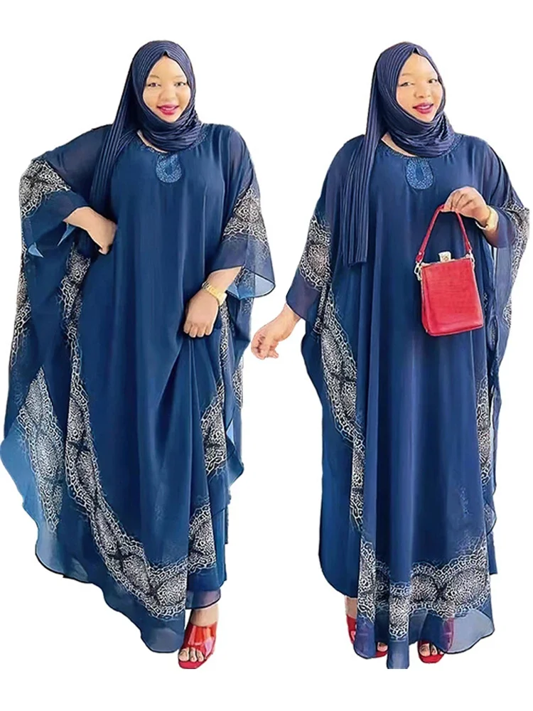 African Dashiki Print Dresses For Women Plus Size Chiffon Boubou With Inner Dress Muslim Dubai Abayas Turkey Wears Outfits