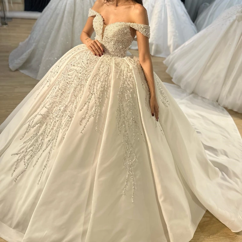 

Luxury Pearls Ball Gown Wedding Dresses Off Shoulder Sleeveless Dubai Arabic Bridal Gowns With Applique Sequins свадебное платье