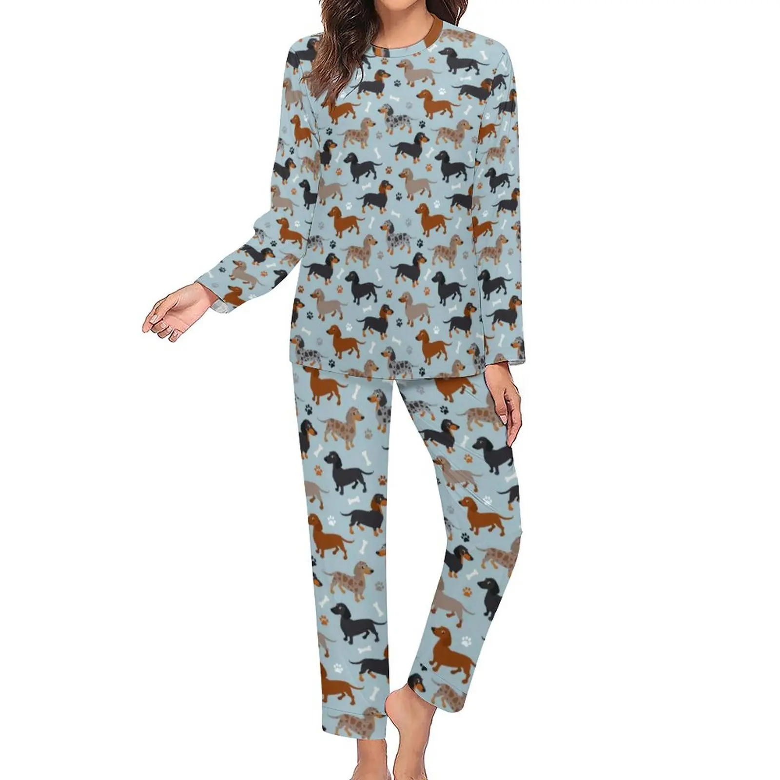 Dog Print Pajamas Female Dachshund Paws and Bones Soft Home Suit 2 Pieces Night Oversize Pajama Sets