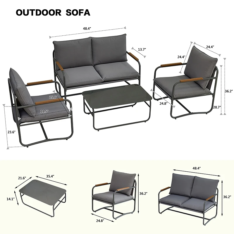 4-Piece Outdoor Patio Furniture Sets, Patio Conversation Set with Removable Seating Cushion, Courtyard Patio Set for Home, Yard,