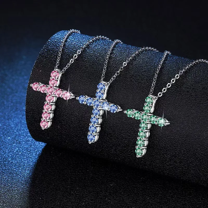 

Jewelry Sterling Silver Hip-Hop Full Diamond Colorful Moissanite Pendant S925 Sterling Silver Necklace Women's Classic Cross Moissanite Necklace