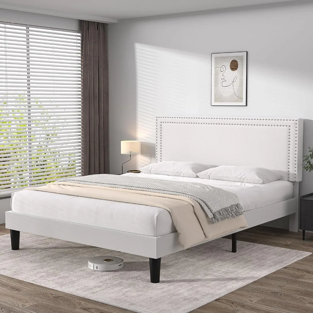 

Full Size Platform Bed Frame with Height Adjustable Upholstered Headboard, Modern Strong Wood Slat Support,Easy Assembly