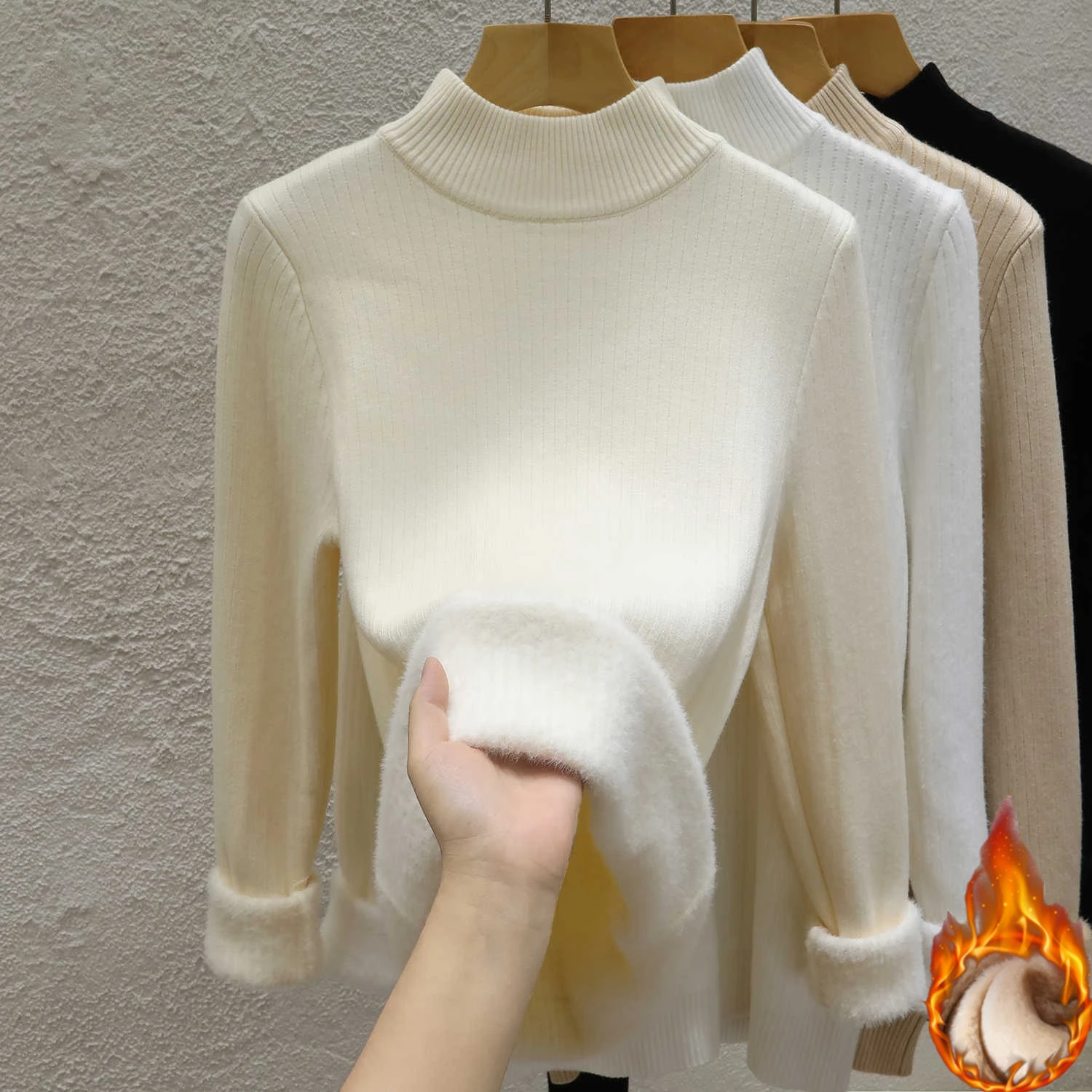 Thick Turtleneck Sweater Women Slim Thicken Plush Velvet Lined Knit Jumper Korean Style Simple Base Layer Tops Women Pullover