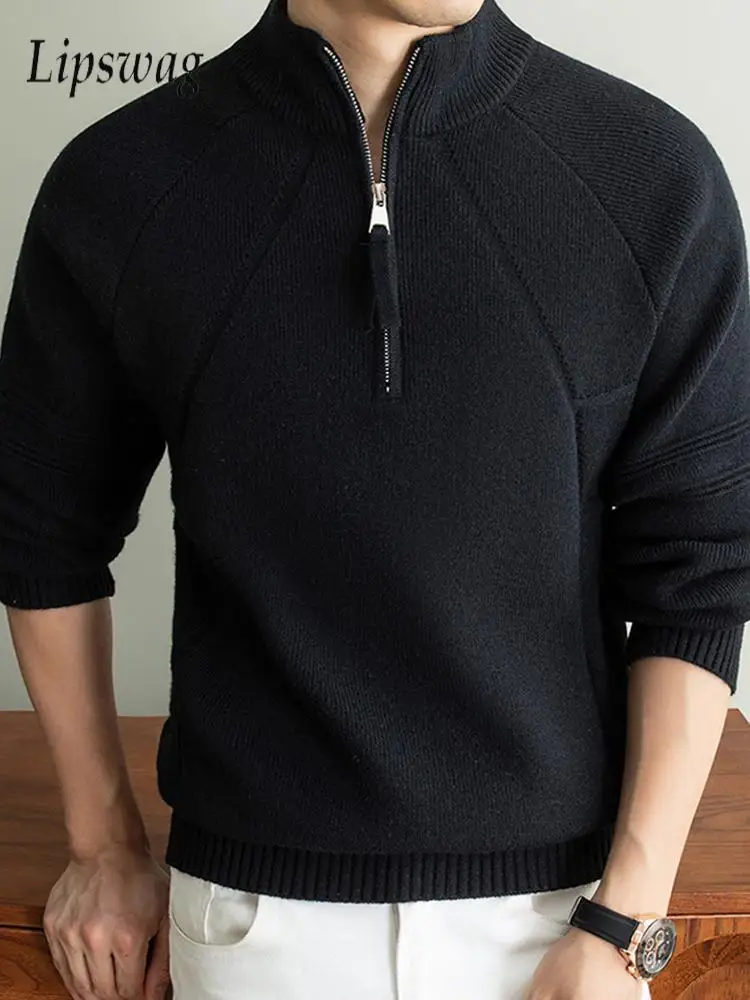 Autumn Winter Mens Thick Knitted Sweater Stand Collar Design Long Sleeve Pullover Daily Casual Warm Polo Shirts For Male