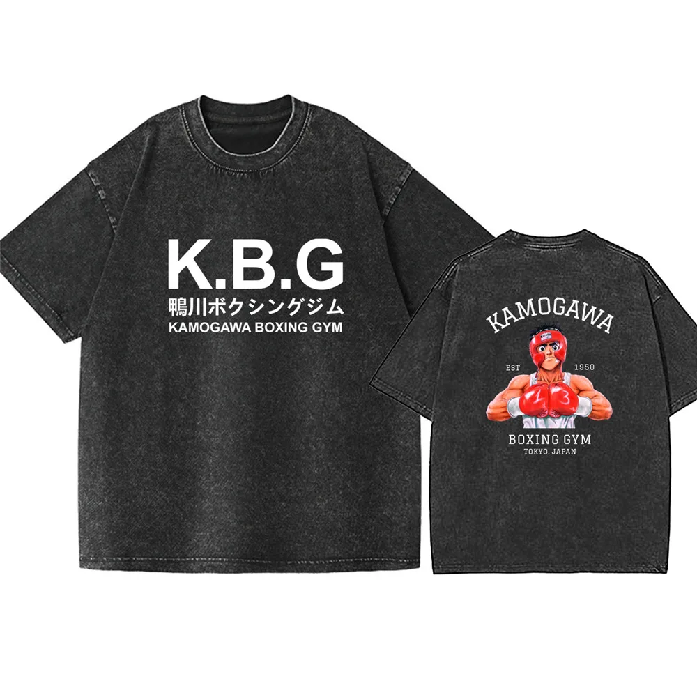 Anime Hajime No Ippo Kamogawa Boxing Gym T Shirt Washed Street Retro Tops Makunouchi Takamura KGB Cotton Tshirt Man Gift SX-008