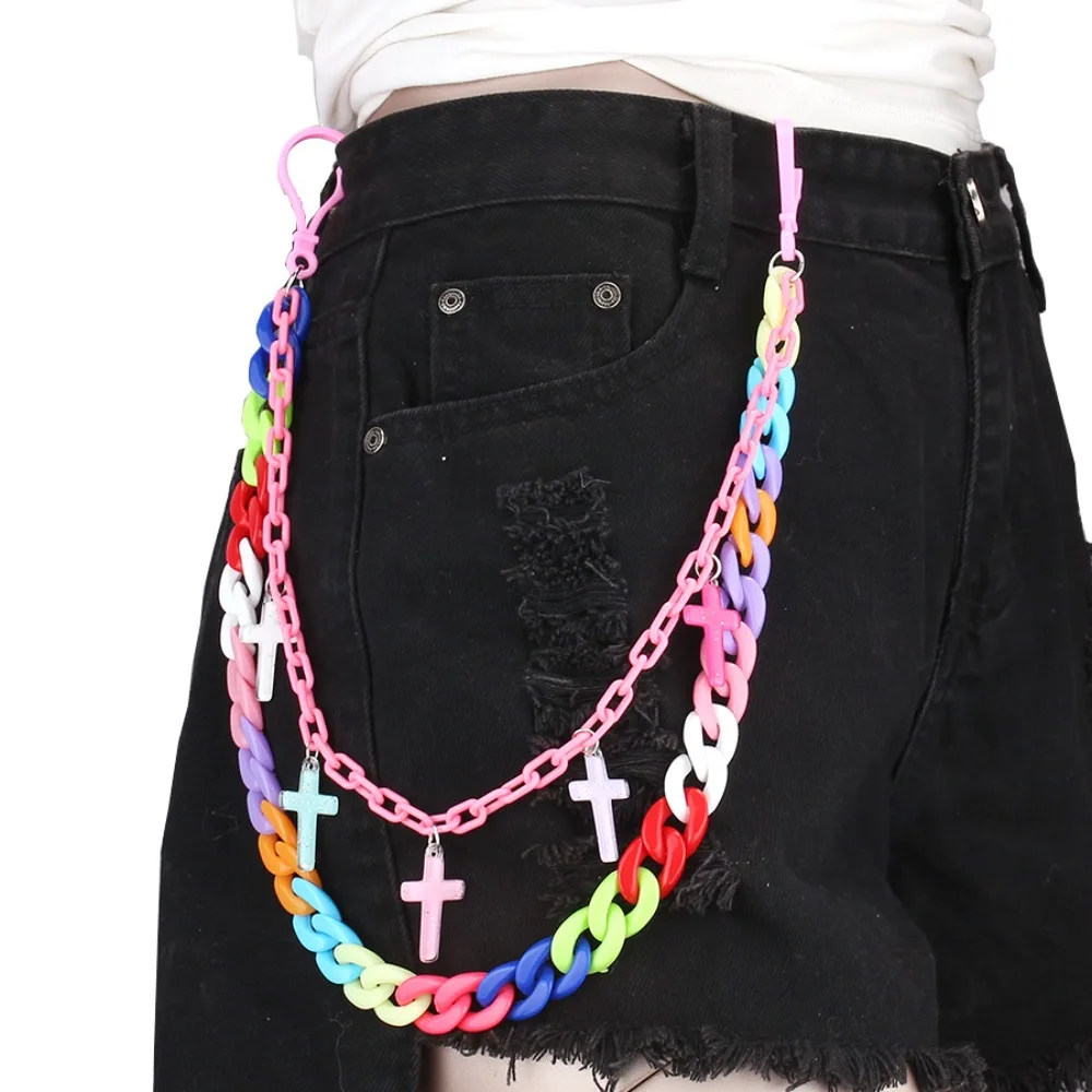 Resin Double Layer Heart Waist Chain Acrylic Rainbow Star Belt Chain Harajuku Y2K Cross Pants Chain Jeans Decor