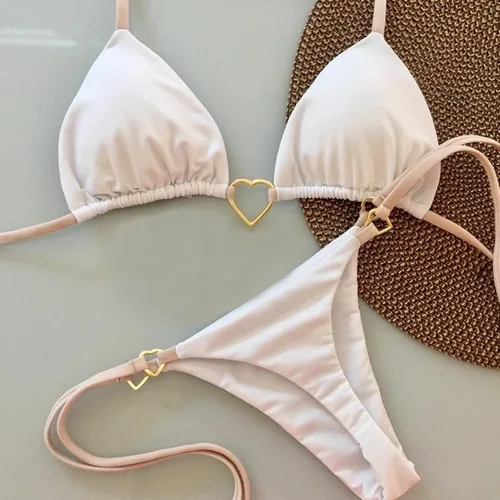 Imagen 2 del producto Nuevo Bikini blanco de Color sólido para mujer, traje de baño de cintura baja con cordones, conjunto de dos piezas