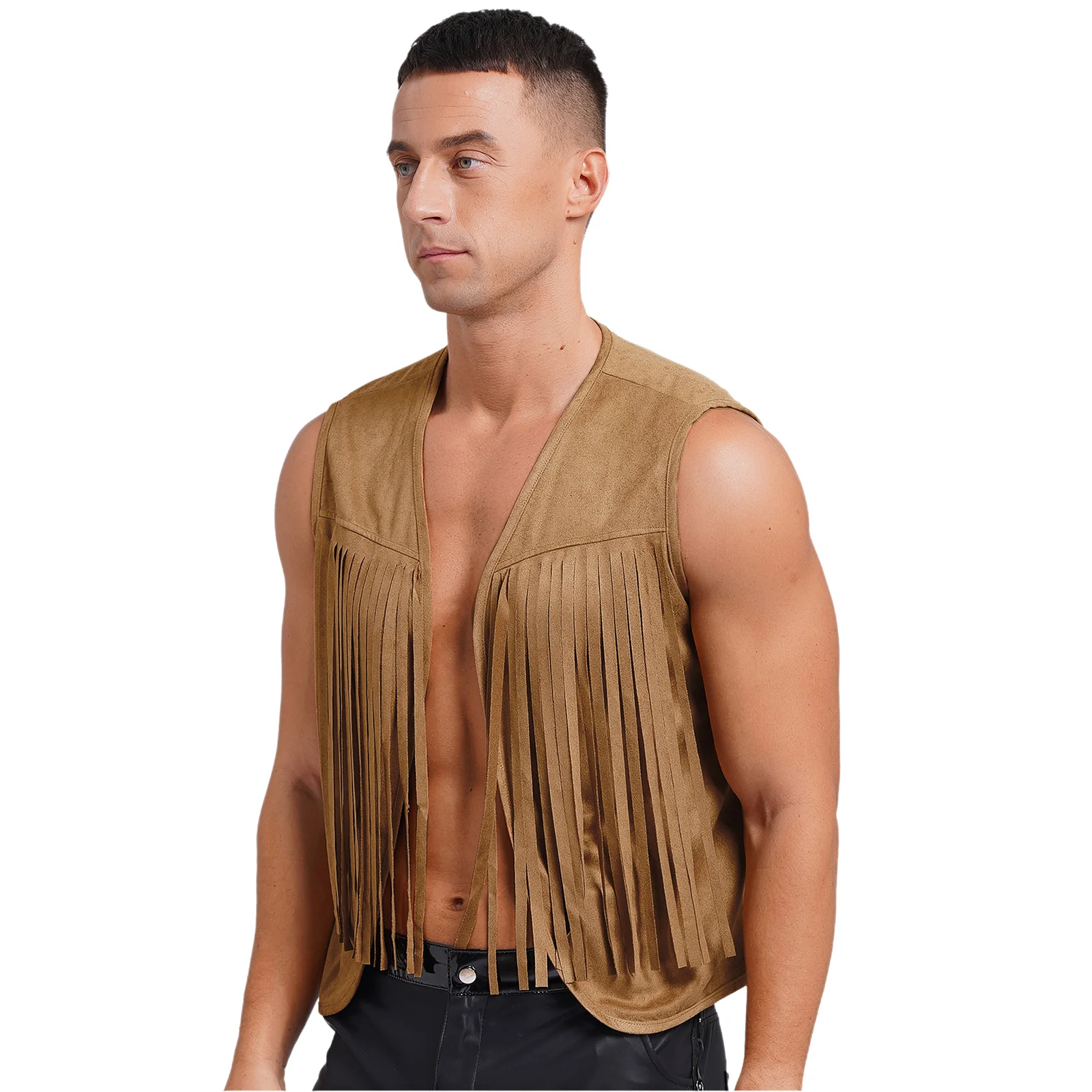 Męska krótka kamizelka Hippy z frędzlami w stylu vintage Otwarty przód Faux Suede Tank Top Western Cowboy Kamizelka Kurtka z frędzlami Kostiumy na Halloween