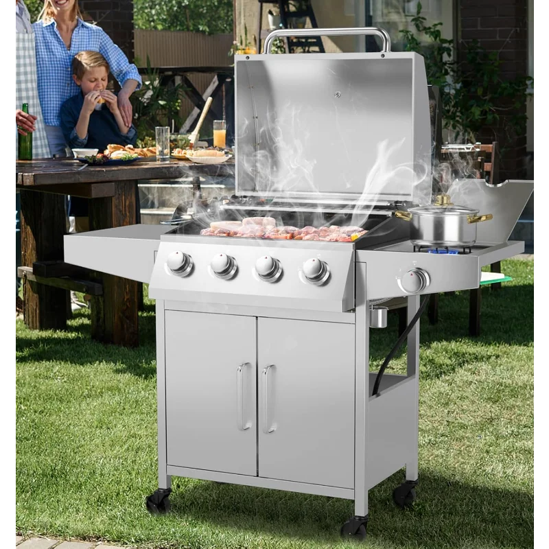 

Giantex Propane Gas Grill 50,000 BTU, 4 Main Burners, 1 Side Burner, 2 Prep Tables, Stainless Steel Heavy-Duty BBQ Grill